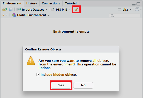 A screenshot of the Environment pane in RStudio, with the 'Clear objects from workspace' broom icon circled, along with the 'Yes' button on the subsequent pop-up.